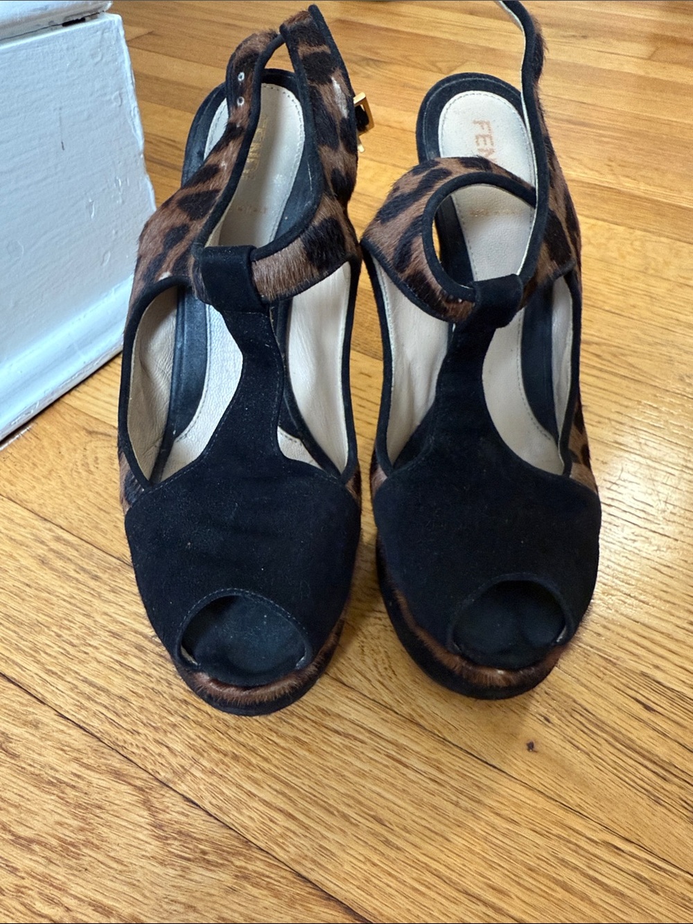 Fendi Black Suede Peep-Toe Slingbacks with Leopard Accents